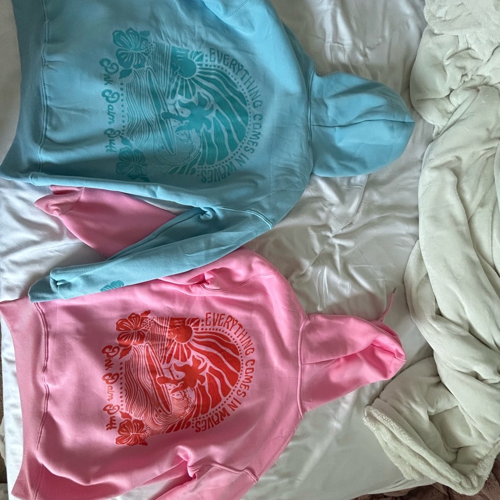 Blue and pink pink palm puff hoodies